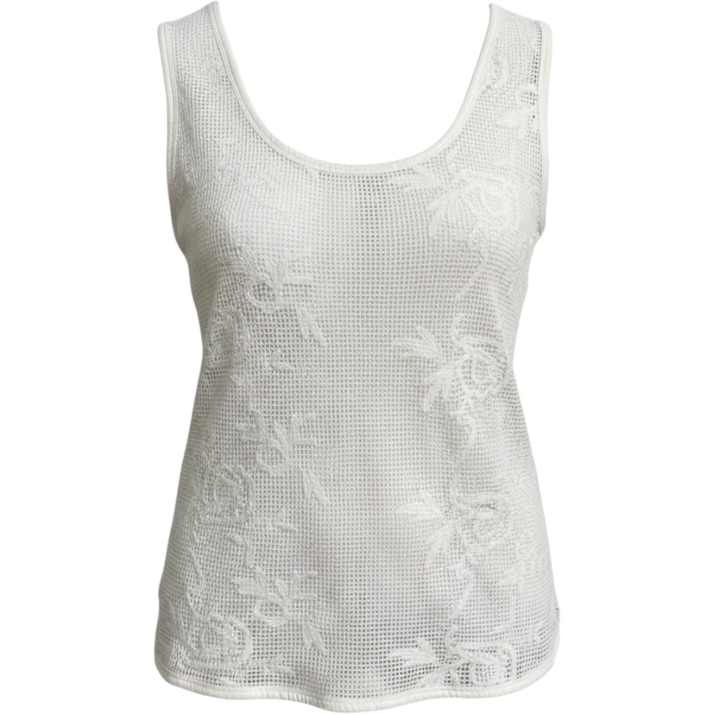Banana Republic White Floral Crochet Mesh Cotton Tank Top Large Scoop Neck Slits